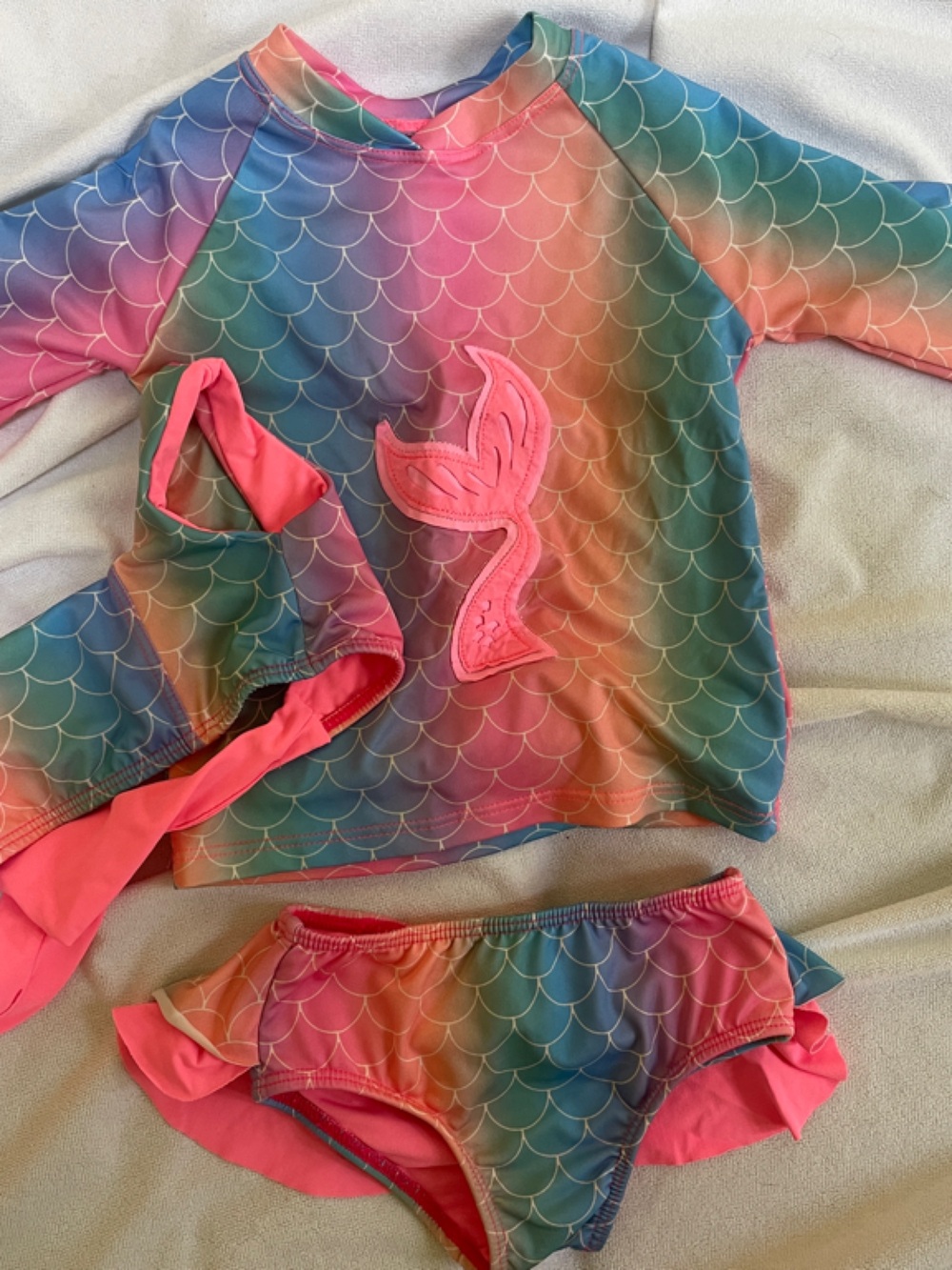 Kids Rainbow Mermaid Rash Guard Swim 3 Pieces Set - Pink Accent
